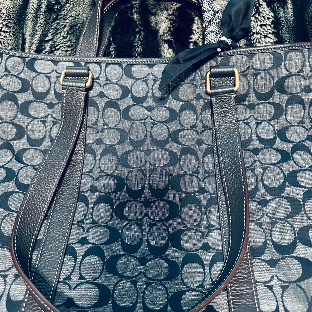 Coach Navy Signature Canvas Tote with Dark Trim - Picture 3 of 5